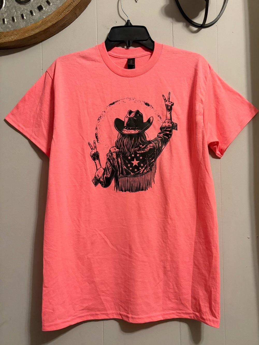 Gildan Neon Pink Cowboy Graphic Tee - has MFG Spec woven in material